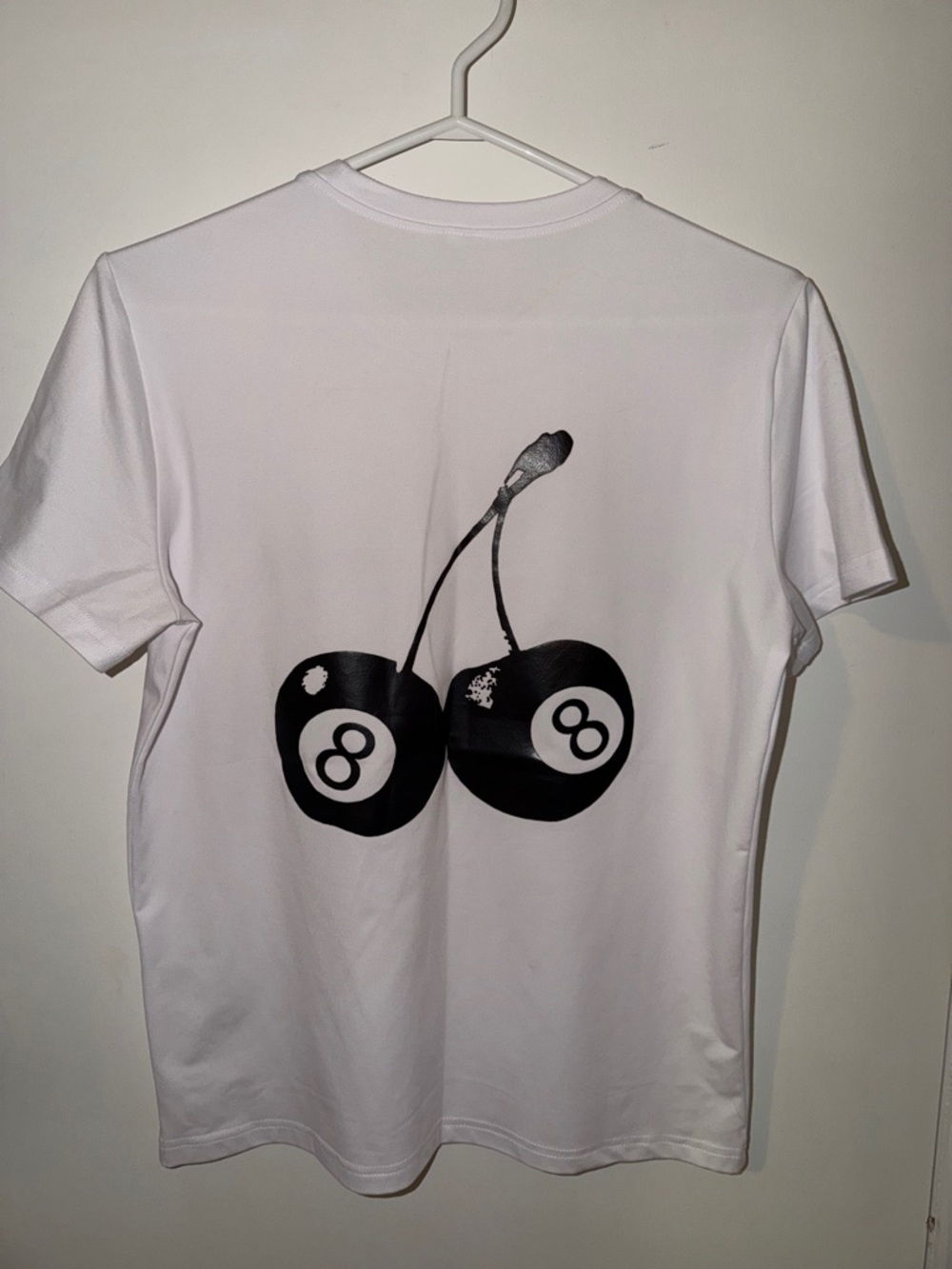 SHEIN White Short Sleeve Tee with Black 8-Ball Cherry Graphic